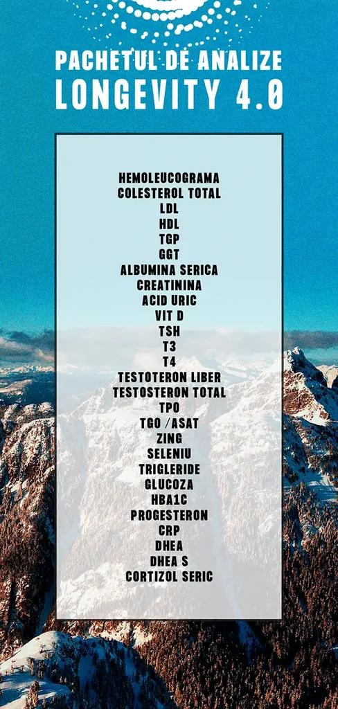 PACHETUL DE ANALIZE LONGEVITY 4.0: HEMOLEUCOGRAMA, COLESTEROL TOTAL, LDL, HDL, TGP, GGT, ALBUMINA SERICA, CREATININA, ACID URIC, VIT D, TSH, T3, TESTOTERON LIBER, TESTOSTERON TOTAL, TPO, TGO /ASAT, ZING, SELENIU, TRIGLERIDE, GLUCOZA, HBA1C, PROGESTERON, CRP, DHEA, DHEA S, CORTIZOL SERIC